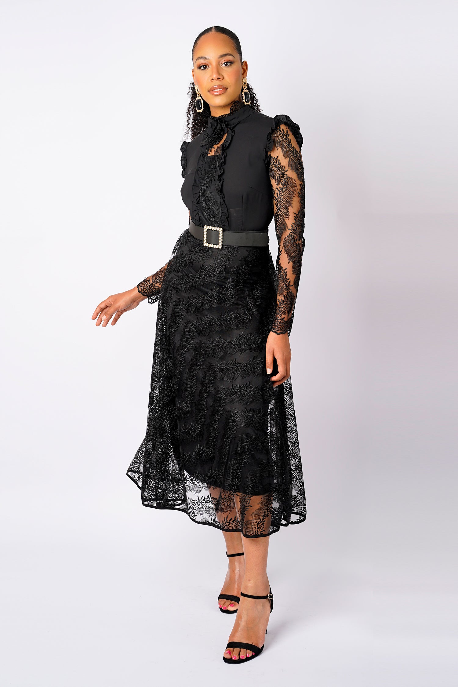 Black lace dress long sleeve high neck hotsell