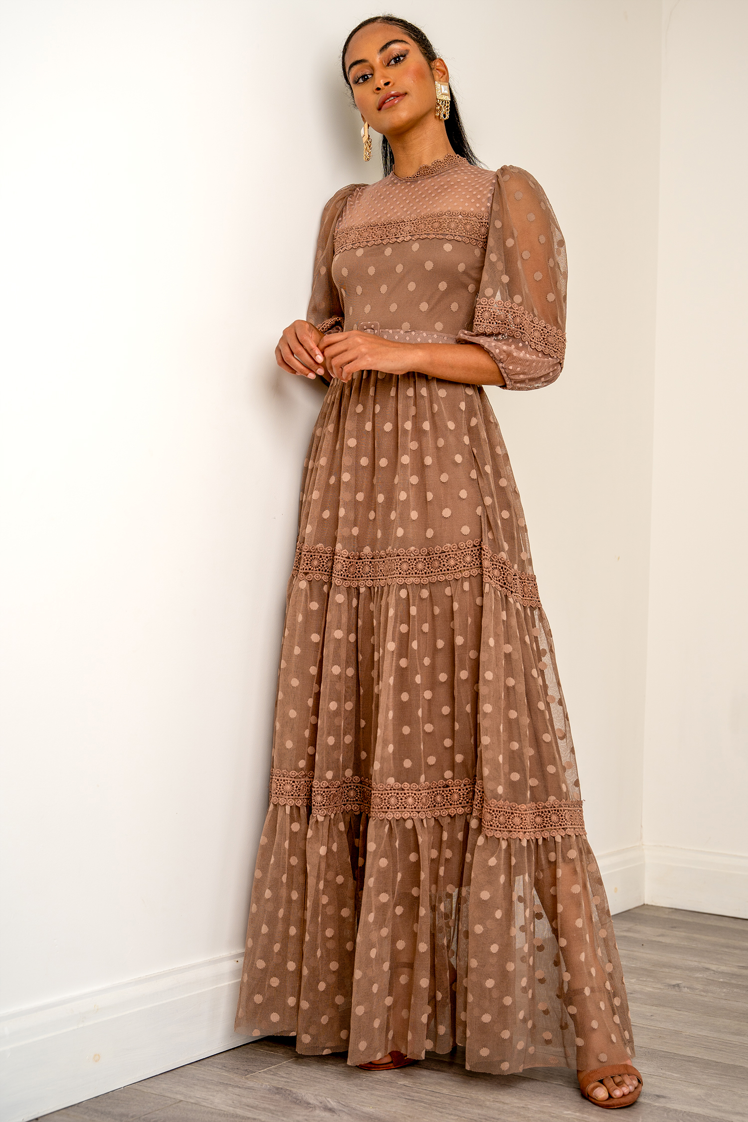 Meri Lace Detail Brown Dress