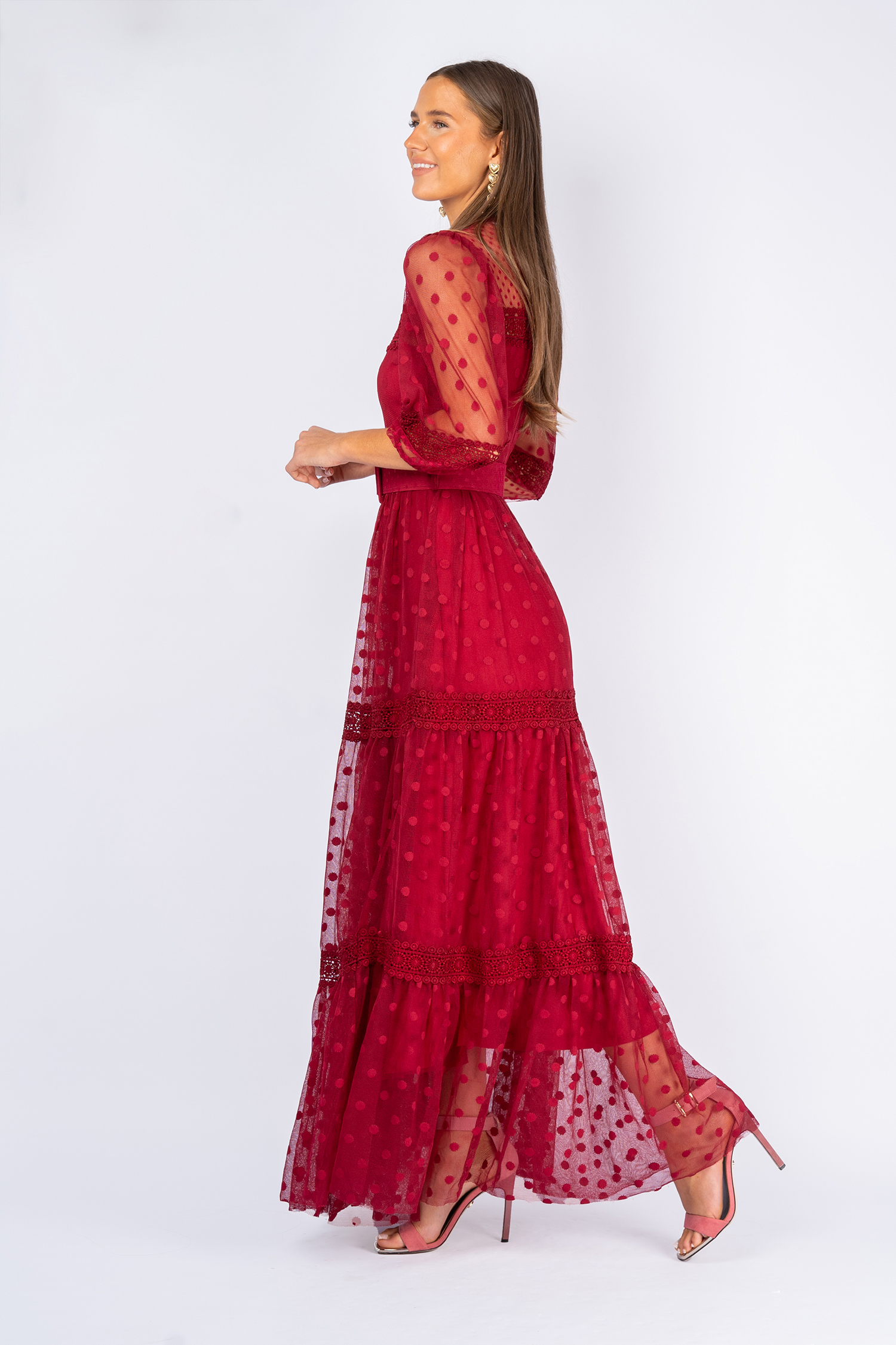 Meri Lace Detail Burgundy Dress